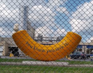 Giant yellow Kraft macaroni noodle sculpture with “You know you love it” slogan, located outside the Kraft factory in Springfield, Missouri. Secretly hiding the Springfield underground cave tours