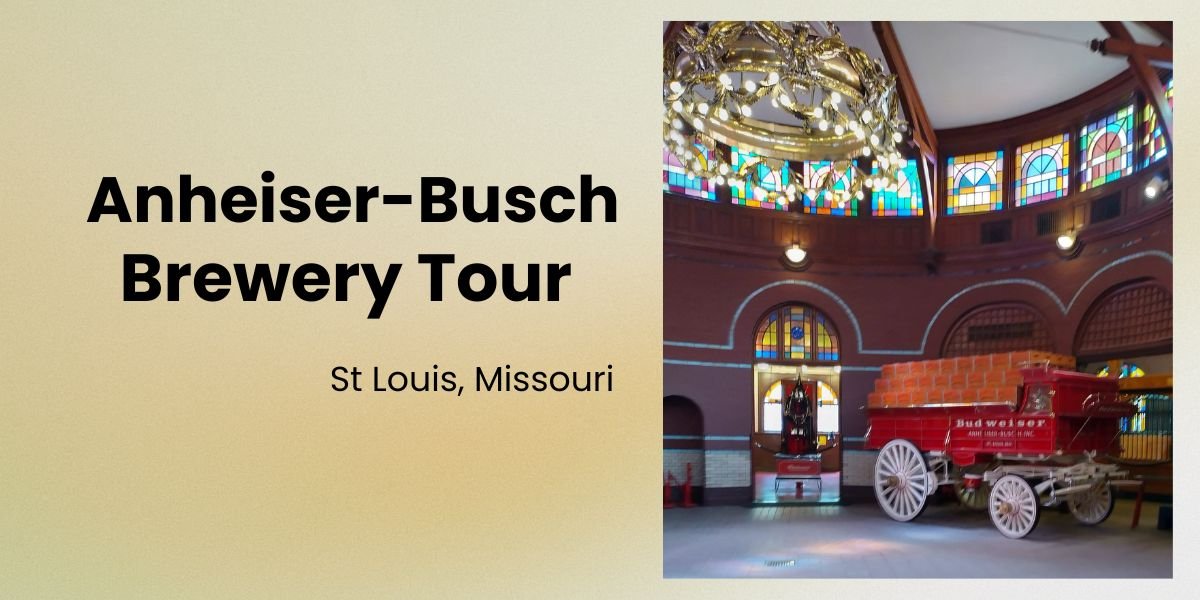 Featured image for the Anheuser-Busch Brewery Tour post, showing the Clydesdale stables and Brew House wagon.