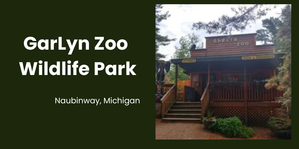 Title card reading "GarLyn Zoo Wildlife Park, Naubinway, Michigan" beside a photo of the zoo's rustic entrance building with a bear statue nearby.