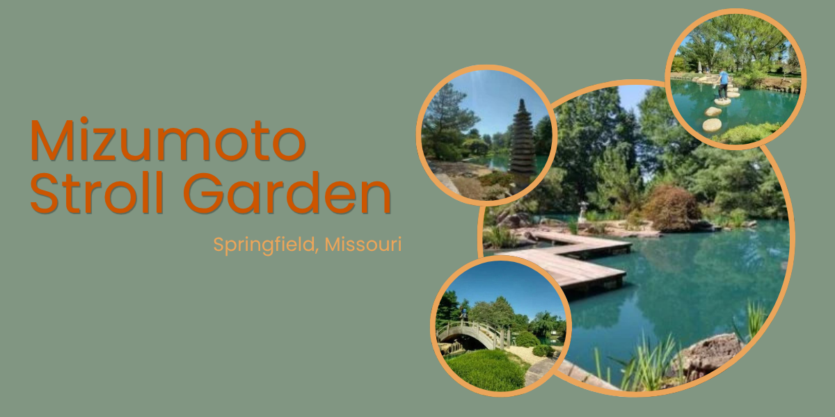 Collage of the pond, bridge, pagoda and stepping stones at Mizumoto Japanese Stroll Garden in Springfield, Missouri.