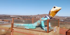 A large, colorful lizard sculpture with a bright blue body and yellow head, wearing a scarf, enclosed in a transparent case outdoors against a hilly backdrop. At Medicine Park Aquarium & Natural Sciences Center