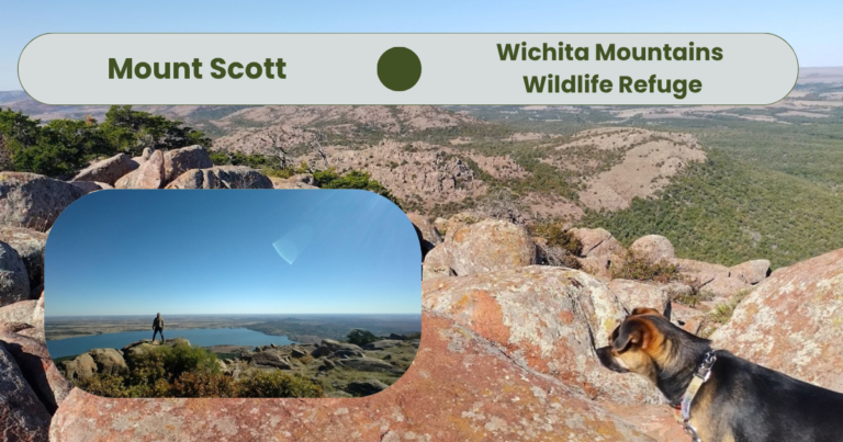 Mount Scott in the Wichita Mountains Wildlife Refuge, with rocky overlooks, distant Oklahoma landscape, and Louie standing on the rocks.