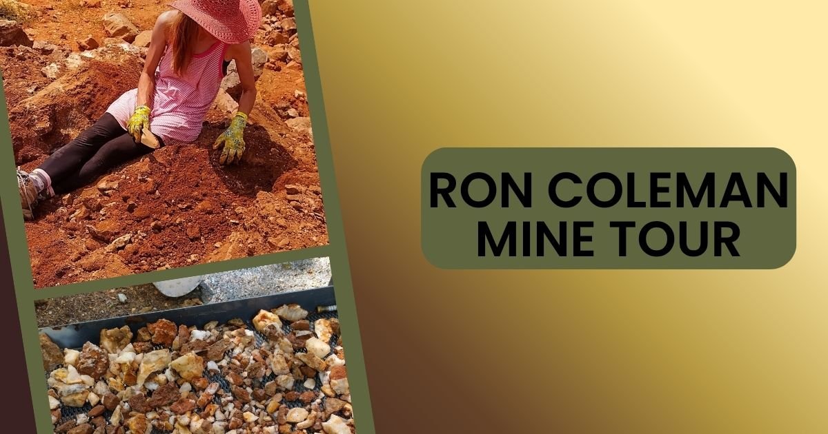Woman digging for quartz crystals in red clay at Ron Coleman Mine, with a tray of freshly found crystals below