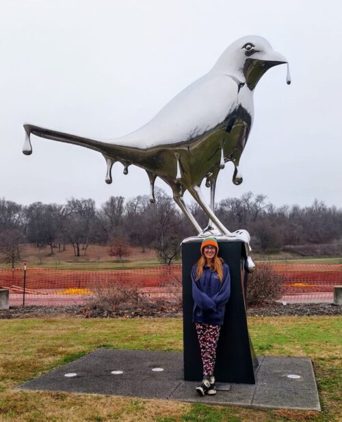 Reflection sculpture in Nashville’s Shelby Park—mirrored bird with dripping wing details on a pedestal, with a visitor in a blue jacket and patterned pants standing in front, surrounded by grass, trees, and a colorful fence.