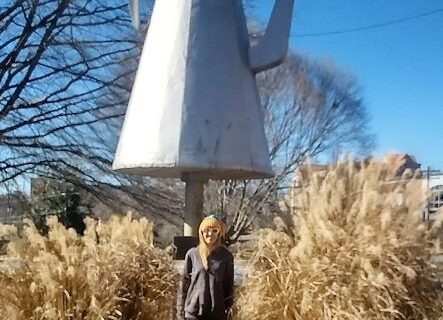 Oversized metallic teapot sculpture known as The Mickey Coffee Pot, standing tall in Winston-Salem with dried grasses in the foreground and bare trees in the background.