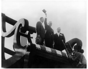 Lyndon B. Johnson giving a campaign speech from the World's Largest Duncan Phyfe Chair in Thomasville NC 1960