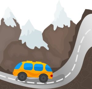 Cartoon RV bus driving on mountain road in North Carolina