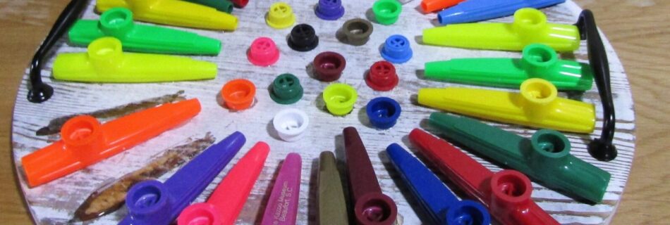 The Wheel of Kazoos” – a circular display of brightly colored plastic kazoos radiating out like rainbow sunbeams, center-capped with colorful resonator buttons. Pure kazoo chaos. Pure delight.