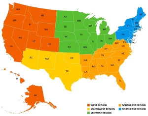 Map of the United States divided into colored regions highlighting where to find unique roadside attractions — categorized by Northeast, Midwest, Southwest, and West for easier travel planning.