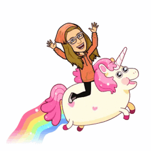 Whimsical cartoon of Nancy joyfully riding a rainbow-trailing unicorn, arms raised in midair while wearing an orange hoodie—channeling her dramatic bike crash with style.