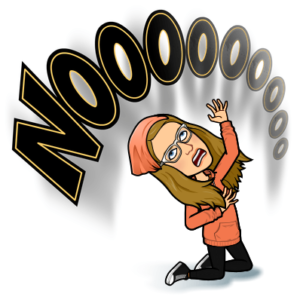 Cartoon Nancy kneeling dramatically in an orange hoodie and beanie, one hand clutched to her chest and the other raised to the sky, beneath a giant “NOOOOOOO”—capturing the agony of a rib pop heard ‘round the bus. Realizing this was another Bus Life Break!!