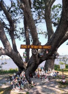 Holly Hill Gnome Tree with handmade wooden sign reading 'home of the Holly Hill Gnomes' surrounded by numerous garden gnomes at the base, creating a whimsical display beside a waterfront backdrop.