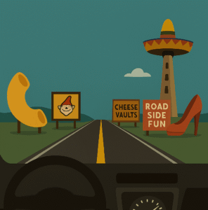 A surreal highway view from inside a bus, showing road trip pitstops billboards with quirky attractions like a giant macaroni sculpture, a gnome face sign, "CHEESE VAULTS," and a kickstand booth ad. The scene reflects unusual pitstops made during an offbeat road trip, themed around travel detours and spontaneous stops—capturing the spirit of road trip pitstops without a fixed destination.