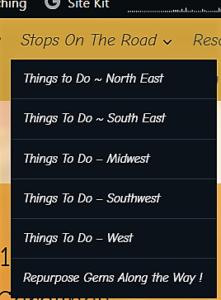 Dropdown menu for ‘Stops On The Road’ with region-based detours: quirky attractions, repurpose gems, and local finds from coast to coast