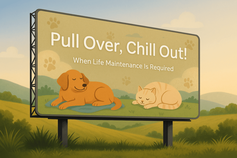Billboard in a grassy field under a blue sky, featuring a lounging dog on a mat and a relaxed cat beside it. Text reads: "Pull Over, Chill Out! When Life Maintenance Is Required"—a whimsical reminder to pause and unwind.