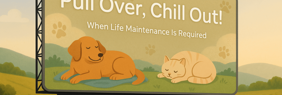 Billboard in a grassy field under a blue sky, featuring a lounging dog on a mat and a relaxed cat beside it. Text reads: "Pull Over, Chill Out! When Life Maintenance Is Required"—a whimsical reminder to pause and unwind.
