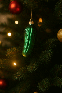 Whimsical Christmas tree ornament shaped like a green pickle, hanging among twinkling lights and festive branches.