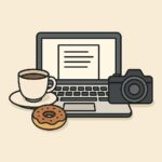 Illustration of an open laptop with a coffee cup, a donut, and a camera nearby—symbolizing blog writing and travel. Post about Affiliate Disclaimer for Right at the Light