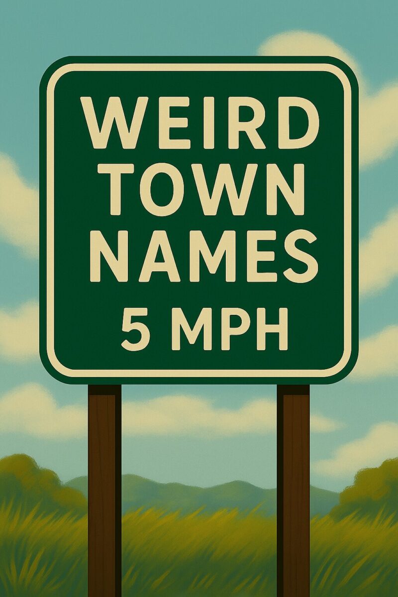 Illustrated road sign with the words 'Weird Town Names' in bold retro-style letters above a smaller '5 MPH' speed limit. The sign stands against a simple sky backdrop, evoking the feel of a quirky roadside attraction.