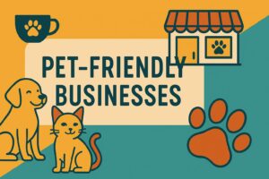 Cartoon-style image of a dog and cat outside a pet-friendly business in the U.S. shops and cafés that welcome pets.