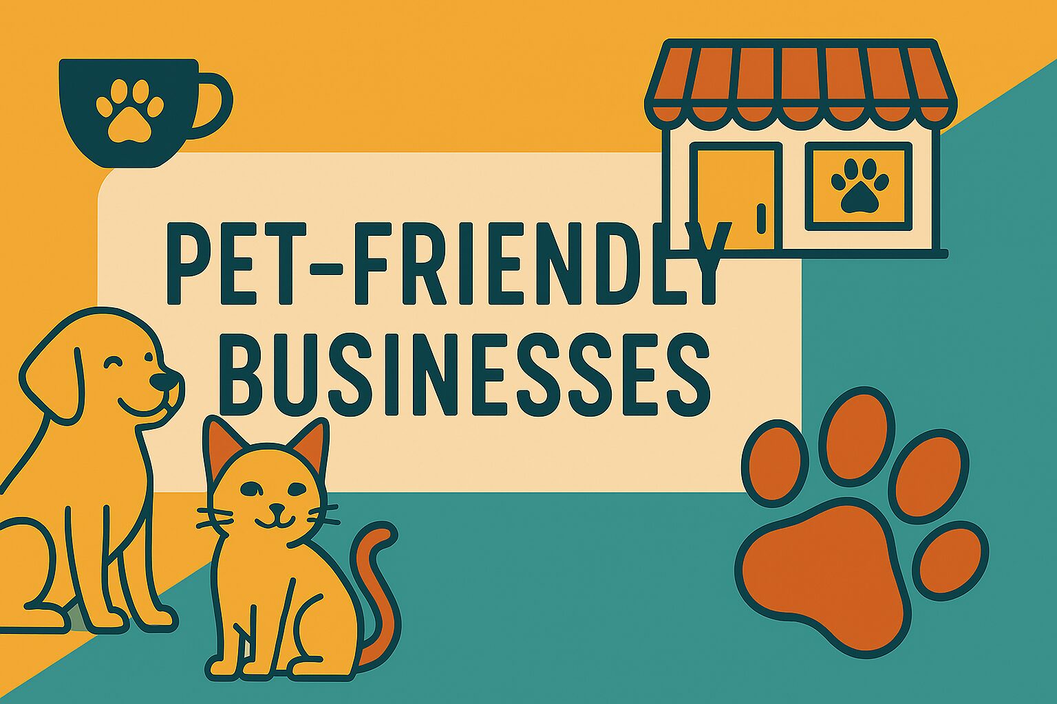 Cartoon-style image of a dog and cat outside a pet-friendly business, highlighting U.S. shops and cafés that welcome pets.