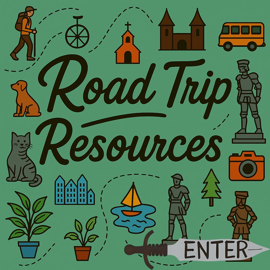 Road travel resources illustrated through playful icons: a bus, dog, cat, camera, bicycle, buildings, sailboat, plants, and travel landmarks. Styled with a quirky, colorful layout to reflect full-time road trip life