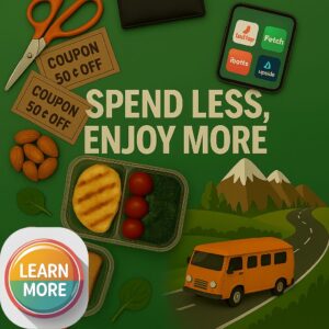 A collage of money saving tips featuring rebate apps on a smartphone screen (Ibotta, Fetch, Upside), printable coupons with scissors, a grilled meal prep container, almonds, and a scenic road with a bus traveling through mountains. The central message reads “SPEND LESS, ENJOY MORE,” emphasizing practical ways to save money daily.