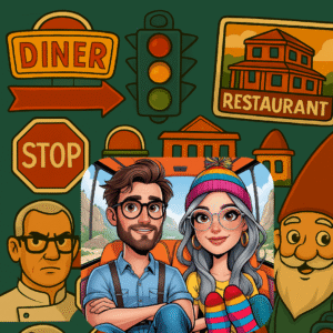 Collage-style green background featuring road trip icons like a neon diner sign, giant fish, street signs, and a peekaboo chef, layered behind a cartoon couple representing a quirky reality TV travel theme, called Reality TV Restaurant Locations
