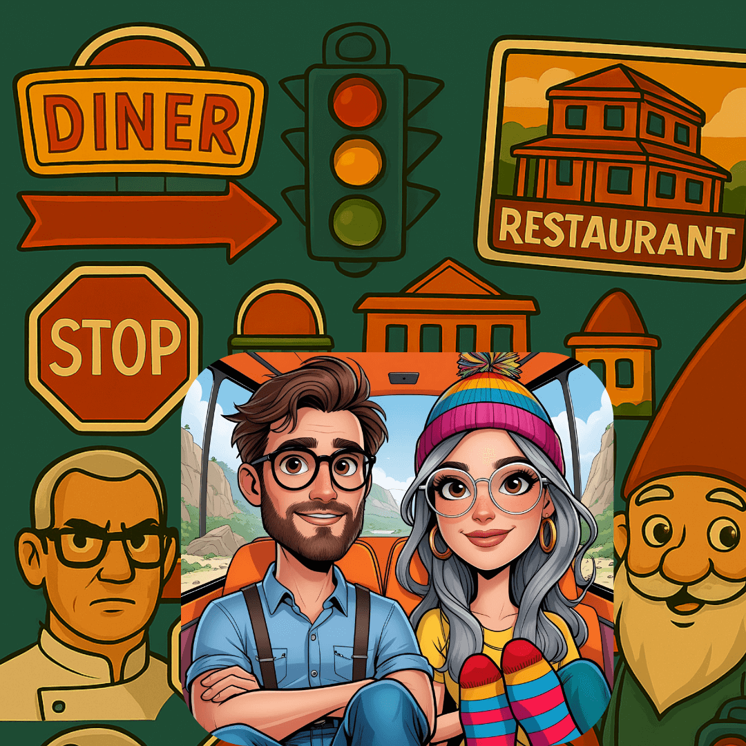 Collage-style green background featuring road trip icons like a neon diner sign, giant fish, street signs, and a peekaboo chef, layered behind a cartoon couple representing a quirky reality TV restaurant locations
