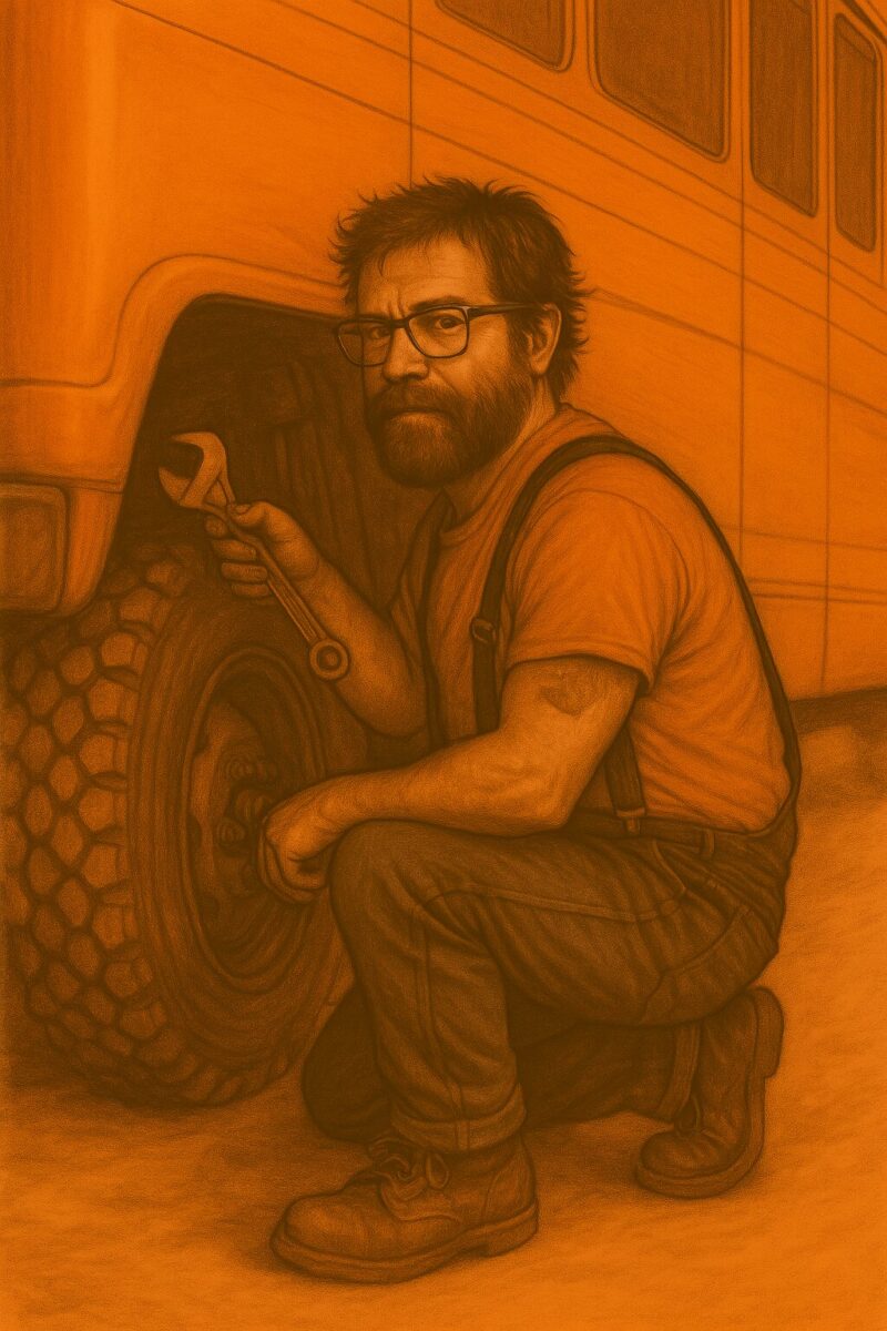 Zach kneeling beside the orange bus, working on a tire with a wrench. He’s wearing jeans, boots, and suspenders—classic roadside mechanic mode, mid-repair beneath the summer sun.