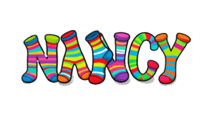 Decorative image of the name 'Nancy' spelled out in colorful, mismatched sock patterns — loud, weird, and probably accurate.