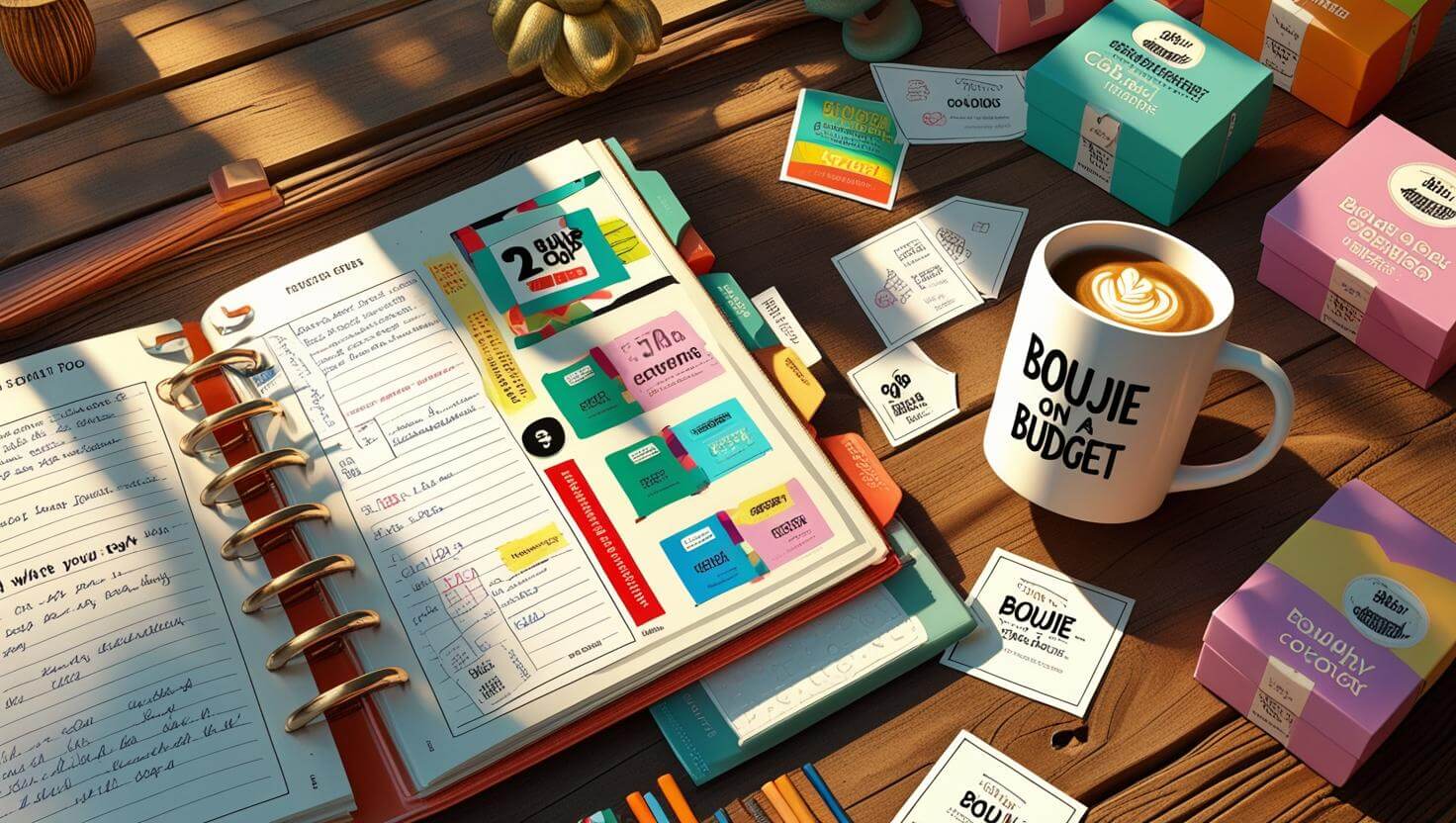 Budgeting tools and printable coupons with a “Boujie on a Budget” mug—flat lay for savings and subscription box content.