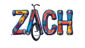 Decorative image of the name 'ZACH' constructed from mechanical tools and parts, with the letter 'A' shaped like an upright electric unicycle. Zach is the driver of the Big Orange Bus.
