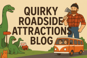 Whimsical roadside collage featuring towering kitsch sculptures, peculiar landmarks, and a traveling crew of humans and pets aboard a customized adventure bus. Quirky Roadside Attractions Blog