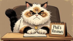 Cartoon cat resembling Phil, seated at a desk with papers, reviewing brand collaboration submissions with signature side-eye.