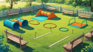 Cartoon-style illustration of an empty dog park with green open space and colorful agility equipment including ramps, tunnels, and hoops. Rustic wooden benches and soft fencing frame the area. No dogs or people present. Cozy and inviting layout designed for playful energy for the dog parks near me page.