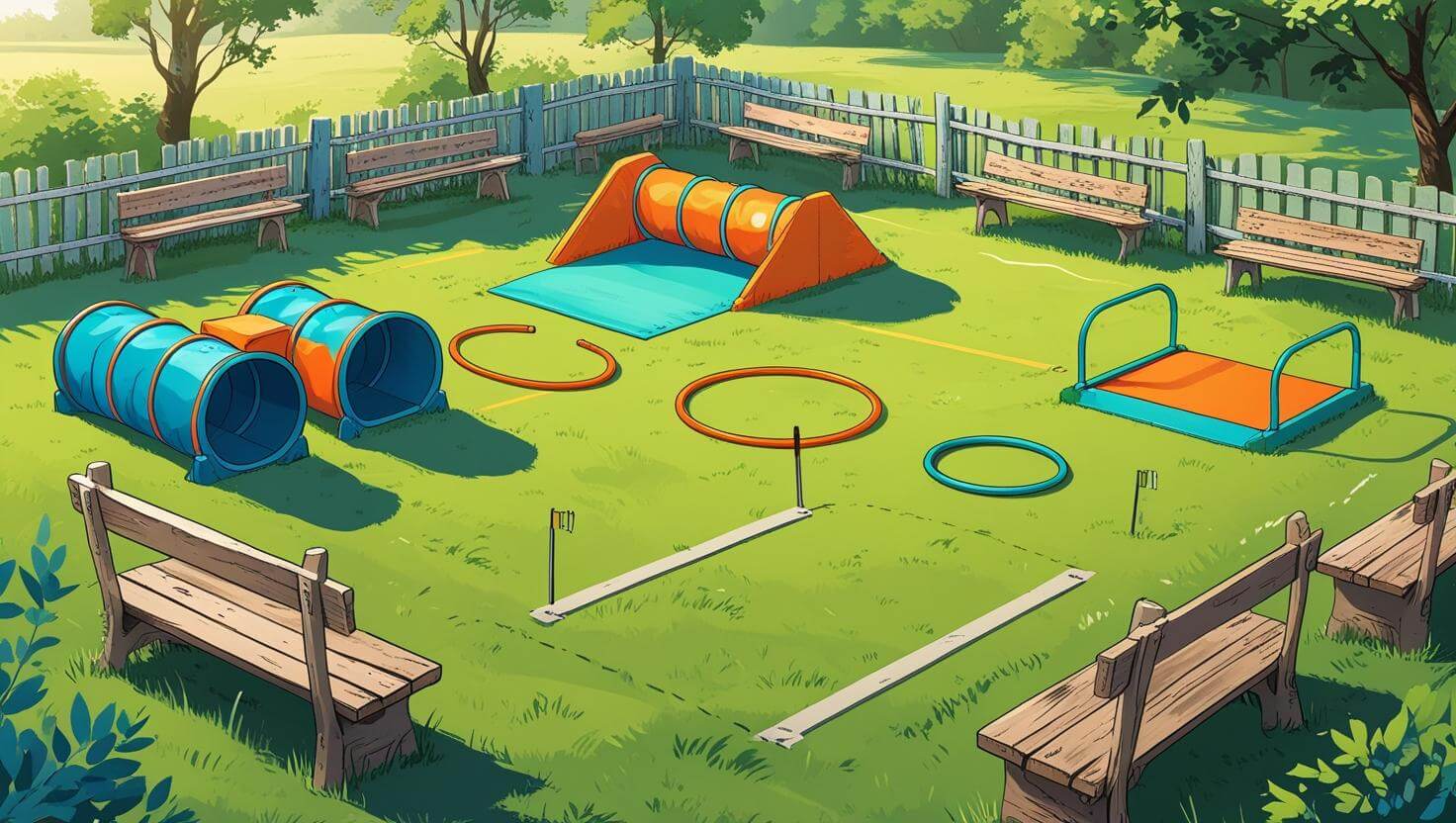 Cartoon-style illustration of an empty dog park with green open space and colorful agility equipment including ramps, tunnels, and hoops. Rustic wooden benches and soft fencing frame the area. No dogs or people present. Cozy and inviting layout designed for playful energy