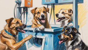 Four playful dogs gathered at a self-service pet wash station — one getting scrubbed in the tub while the others hover curiously. The setup features bright blue and orange equipment with towels and running water, capturing a moment of cheerful chaos and canine camaraderie around Self-service pet wash station.