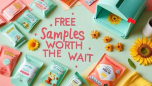 A bright and inviting layout showcasing free samples, including mini-sized products like snacks and skincare items arranged around a pink mailbox. A sunflower adds a cheerful touch, and the central message reads “Free samples worth the wait,” emphasizing the excitement of discovering valuable freebies