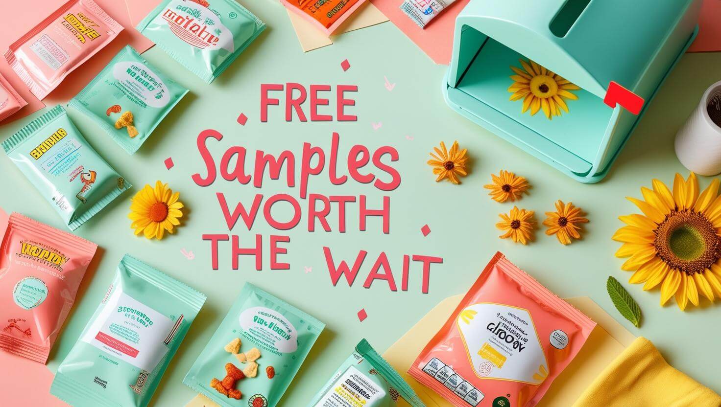 A bright and inviting layout showcasing free samples, including mini-sized products like snacks and skincare items arranged around a pink mailbox. A sunflower adds a cheerful touch, and the central message reads “Free samples worth the wait,” emphasizing the excitement of discovering valuable freebies