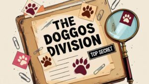 Whimsical illustration of a ‘Top Secret’ folder labeled ‘The Doggos Division,’ surrounded by paw prints, paper clips, and a magnifying glass — evoking a playful, investigative theme for traveling with dogs.