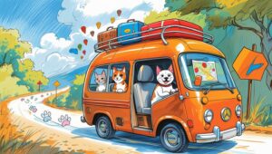 Cartoon-style orange van driving through nature with a cat, dog, and kitten inside — a whimsical scene capturing the joy of traveling with pets.