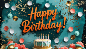 Festive birthday graphic with teal and black background, gold confetti, and bold orange ‘Happy Birthday!’ text. A decorated cake with white icing, gold glitter, and six lit candles sits below, surrounded by pink flowers and teal accents. Includes watermark: RightAtTheLight.com.