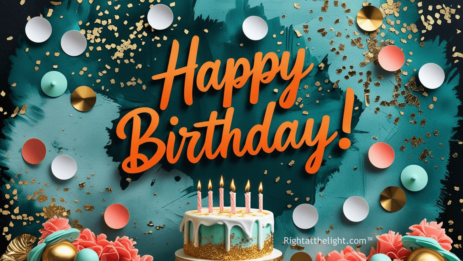 Festive birthday graphic with teal and black background, gold confetti, and bold orange ‘Happy Birthday!’ text. A decorated cake with white icing, gold glitter, and six lit candles sits below, surrounded by pink flowers and teal accents. Includes watermark: RightAtTheLight.com.