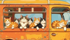 Illustration of a rustic orange bus carrying seven relaxed cats of various colors, evoking the whimsical spirit of traveling with cats.