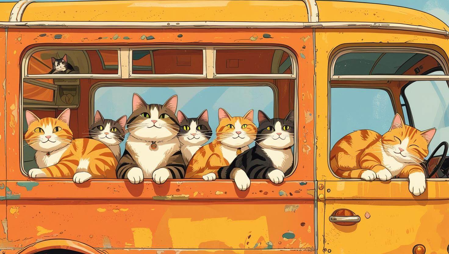 Illustration of a rustic orange bus carrying seven relaxed cats of various colors, evoking the whimsical spirit of traveling with cats.