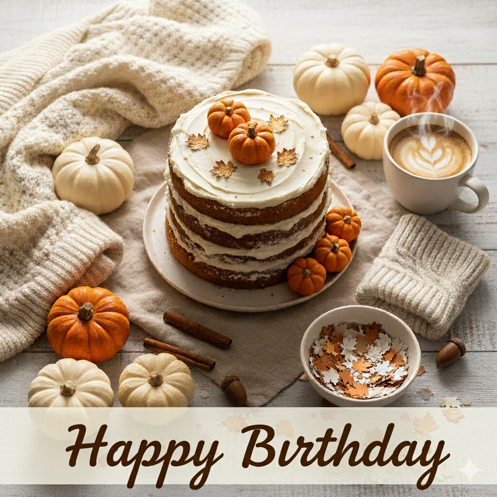 Cozy autumn birthday cake flat lay with pumpkin spice latte, mini pumpkins, and knit blankets — rustic fall celebration image perfect for birthday freebies, fall desserts, or seasonal gift ideas.