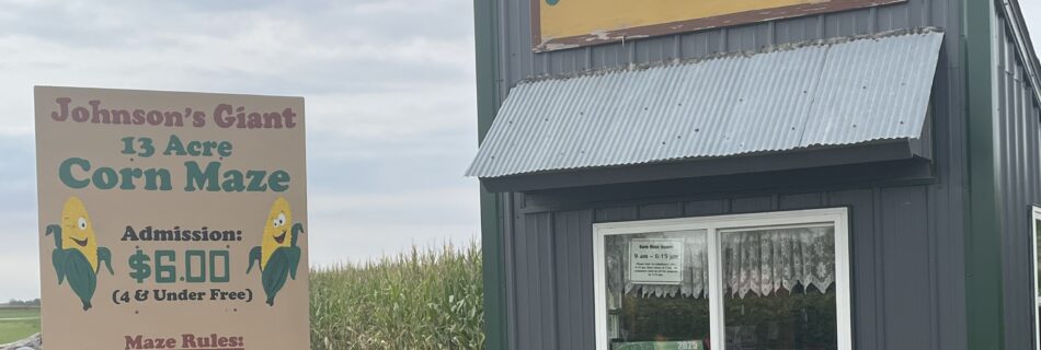 Entrance to the corn maze at Johnson’s Pumpkin Farm in Michigan, with the admission sign and the cornfield visible behind the small maze building.