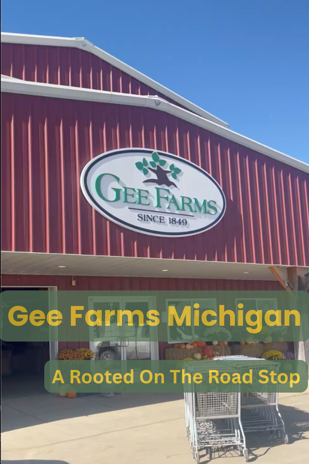 Gee Farms Michigan barn entrance with the Gee Farms sign, red siding, and fall mums — our first Rooted on the Road stop in Michigan.