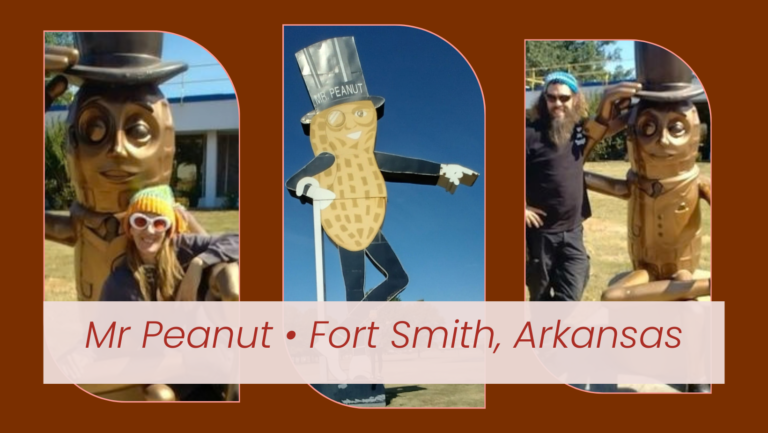Collage of Nancy and Zach posing with Mr. Peanut statues in Fort Smith, Arkansas.